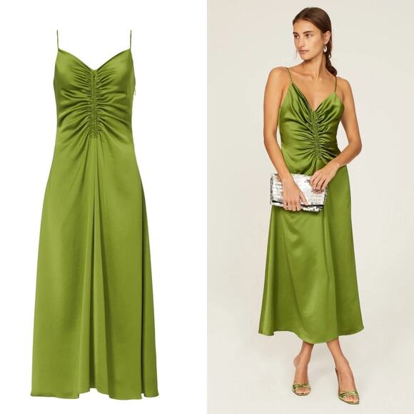 Sandro Dresses & Skirts - Sandro Zola Green Satin Ruched Front Tie Strap Slip Cocktail Midi Dress Size 4